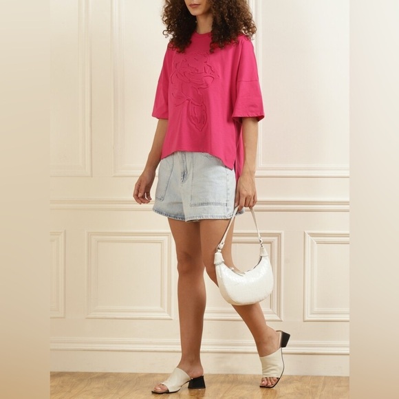 Ted Baker Hot Pink rose floral oversized Tee T-shirt 1 small textured casual - Picture 2 of 14